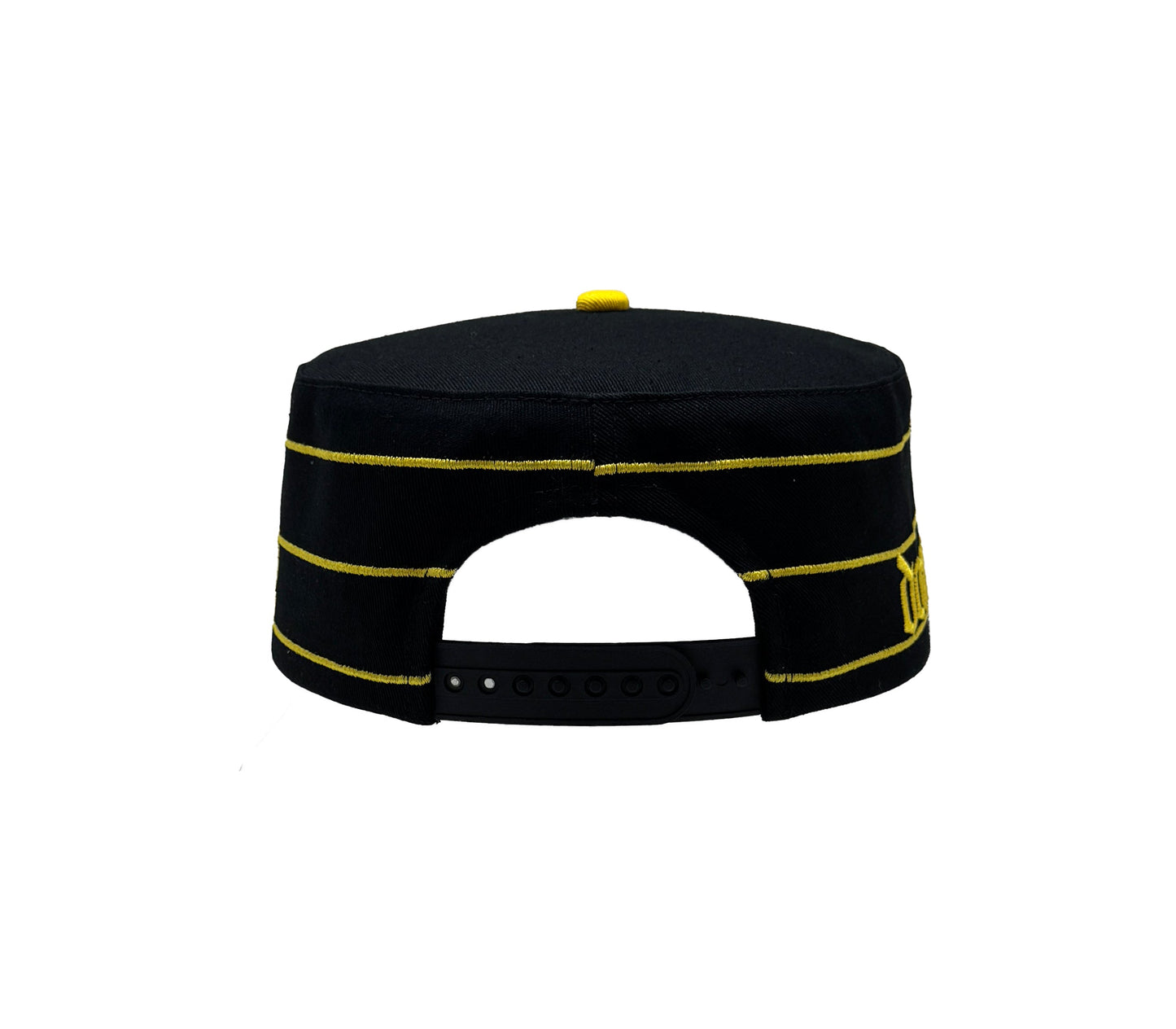 Black and yellow pillbox cap back view