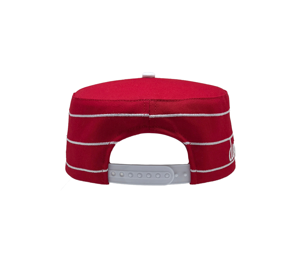 RED & WHITE PILLBOX CAP 2 — back view