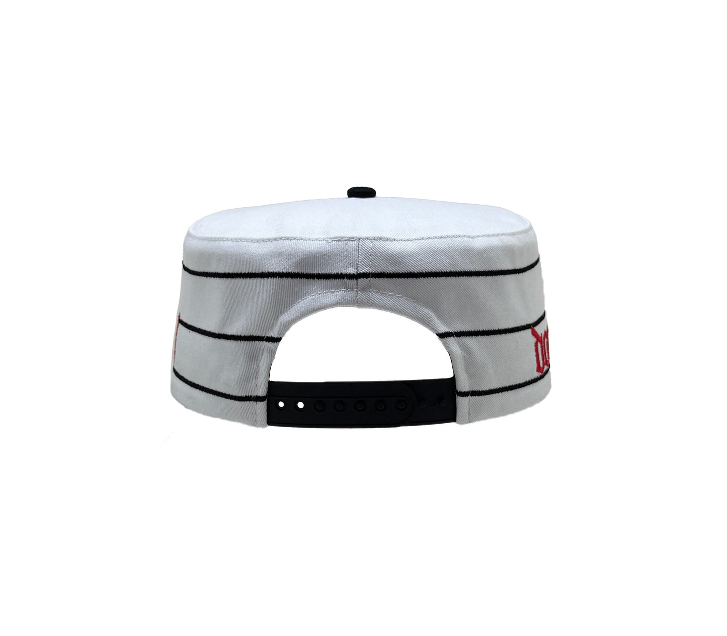 White and red pillbox cap back view