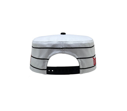 White and red pillbox cap back view