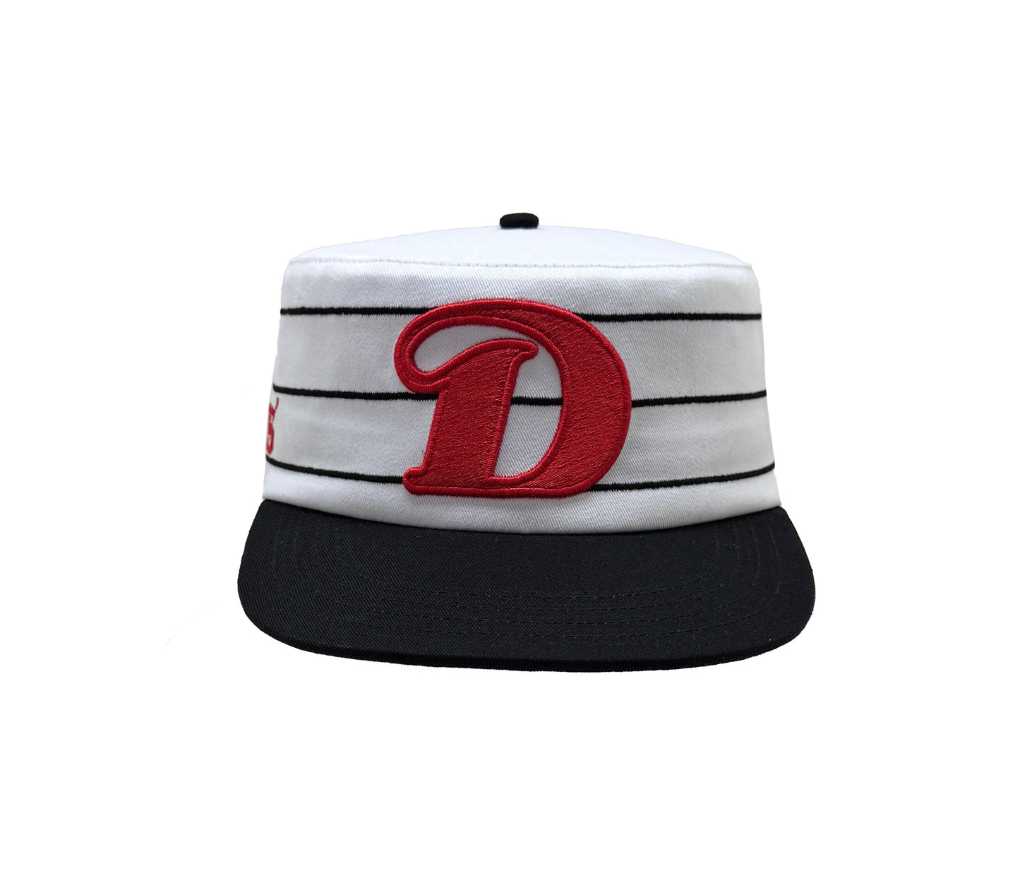 White and red pillbox cap front view