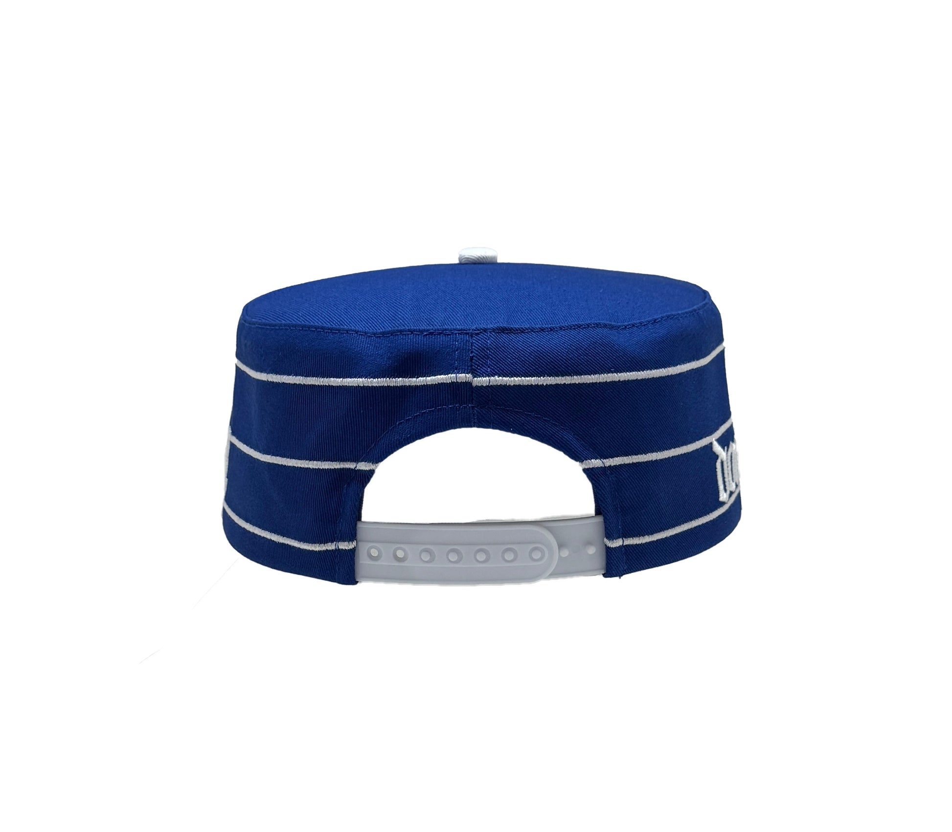 Royal blue and white pillbox cap back view
