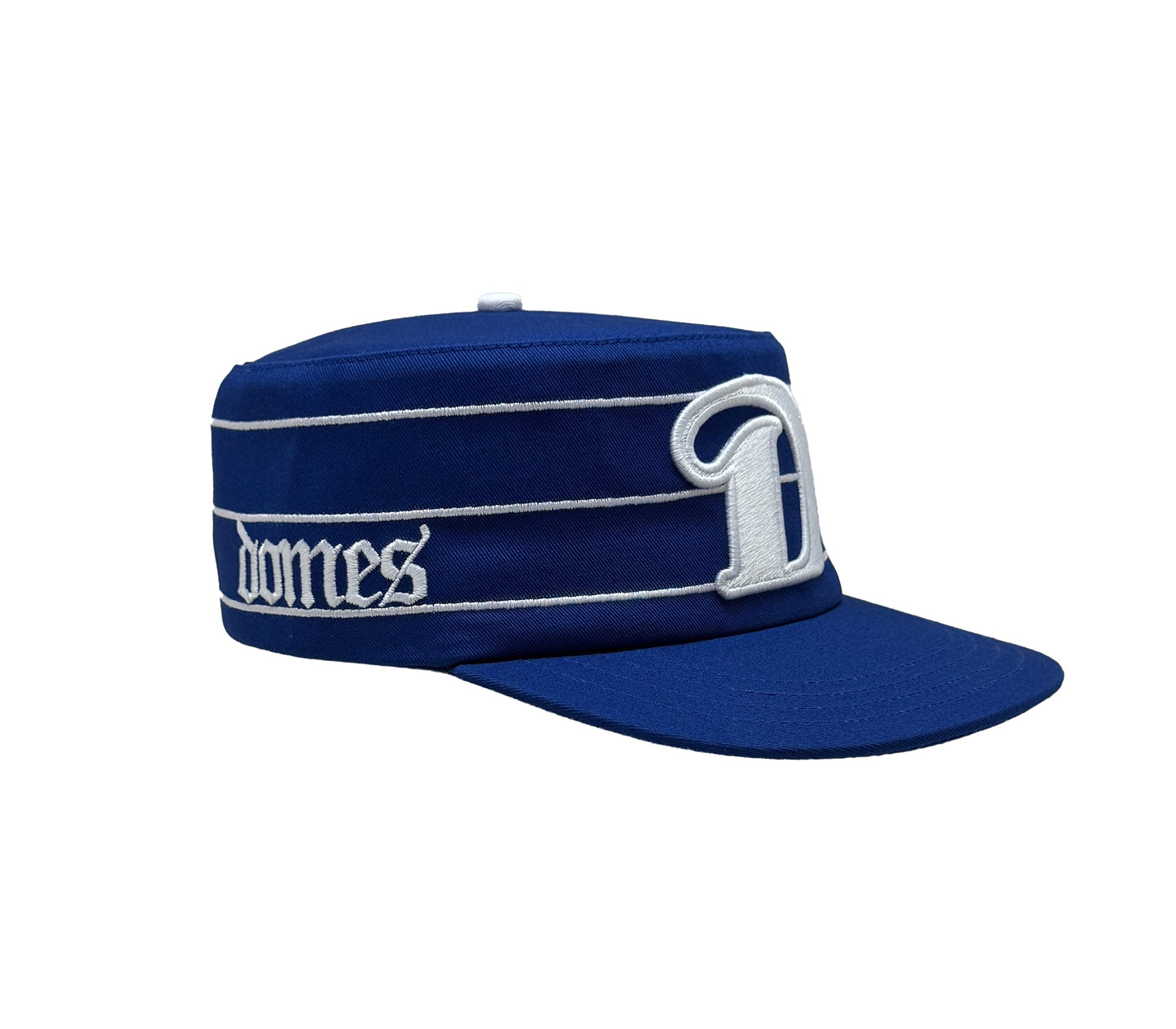 Royal blue and white pillbox cap side view