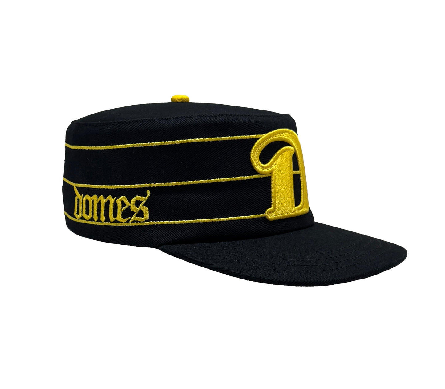Black and yellow pillbox cap side view