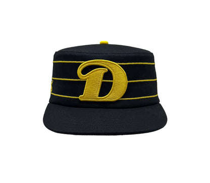 Black and yellow pillbox cap front view