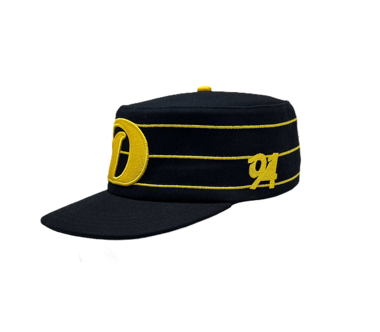 Black and yellow pillbox cap, 90s streetwear style